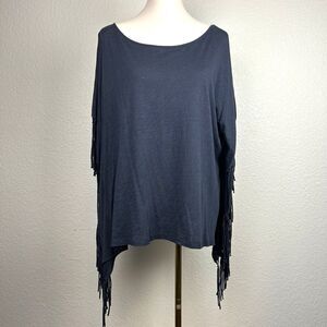Boho Jane Women's Fringe Blue Top Blouse Relaxed Fit Shirt Size Large